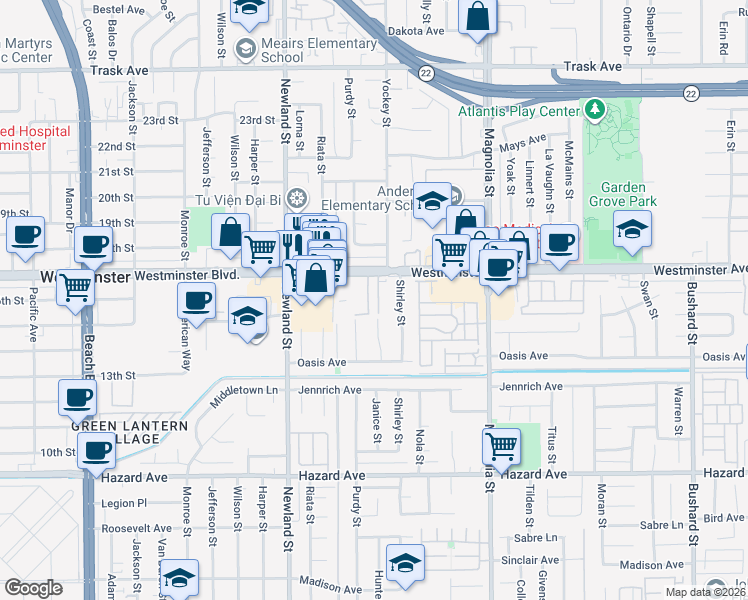 map of restaurants, bars, coffee shops, grocery stores, and more near 14060 Tiffany Drive in Westminster