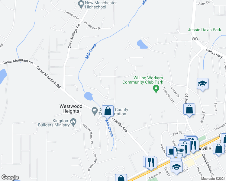 map of restaurants, bars, coffee shops, grocery stores, and more near 8133 Brookbend Drive in Douglasville