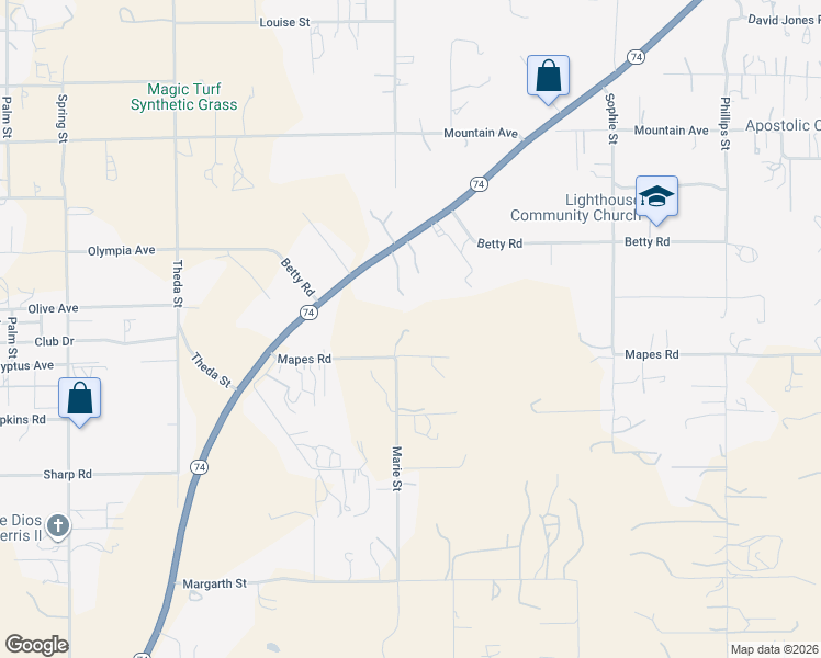 map of restaurants, bars, coffee shops, grocery stores, and more near 24740 California 74 in Perris