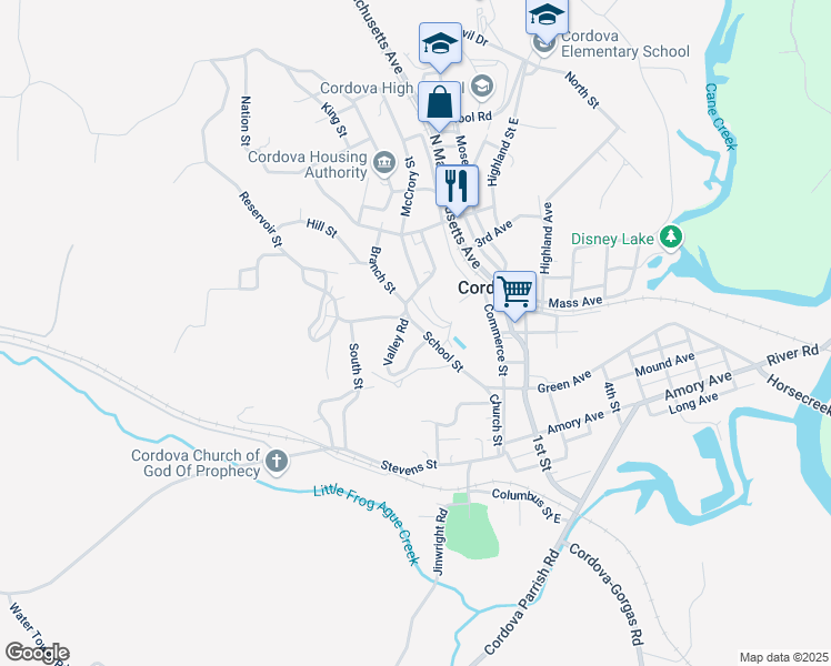 map of restaurants, bars, coffee shops, grocery stores, and more near School Street in Cordova