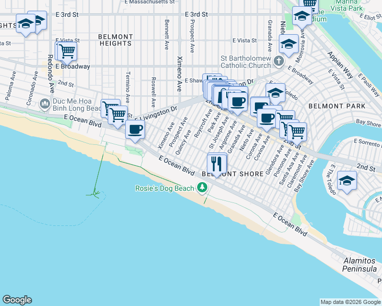 map of restaurants, bars, coffee shops, grocery stores, and more near in Long Beach