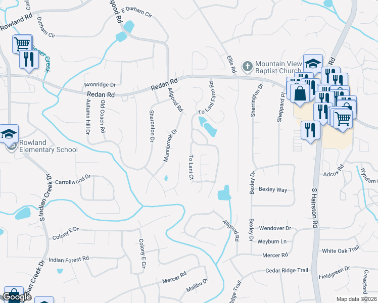 map of restaurants, bars, coffee shops, grocery stores, and more near 1154 Mannbrook Drive in Stone Mountain