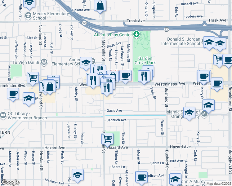 map of restaurants, bars, coffee shops, grocery stores, and more near 9200 Westminster Boulevard in Westminster