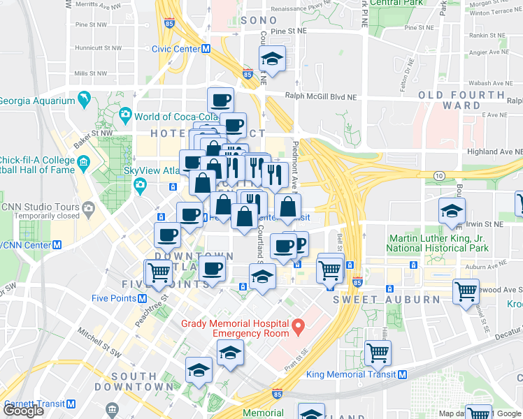 map of restaurants, bars, coffee shops, grocery stores, and more near 99 Ellis Street Northeast in Atlanta