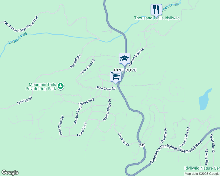 map of restaurants, bars, coffee shops, grocery stores, and more near 25055 Marion Ridge Drive in Idyllwild-Pine Cove