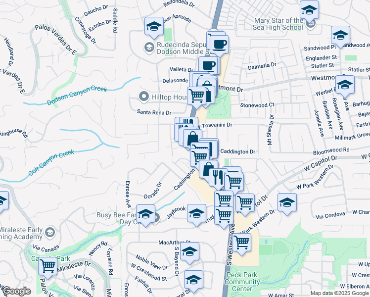 map of restaurants, bars, coffee shops, grocery stores, and more near 1733 Kingsdown Court in Rancho Palos Verdes