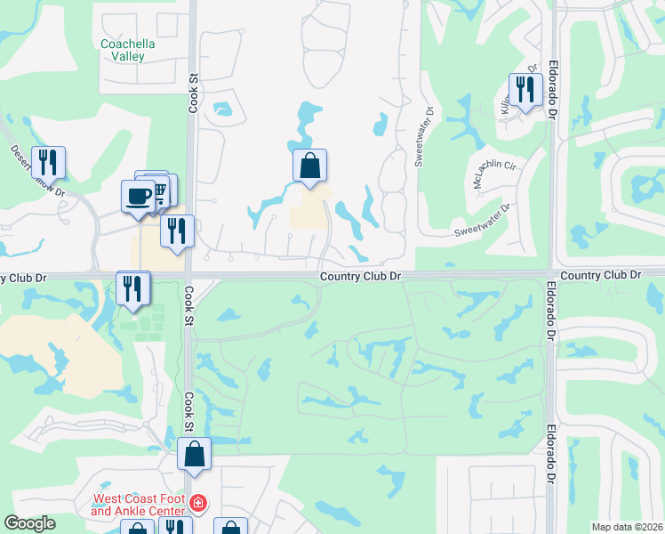 map of restaurants, bars, coffee shops, grocery stores, and more near 155 Desert Falls Drive in Palm Desert
