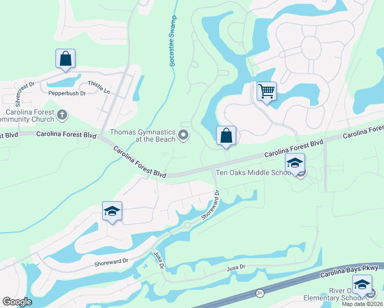 map of restaurants, bars, coffee shops, grocery stores, and more near 217 Physicians Court in Myrtle Beach