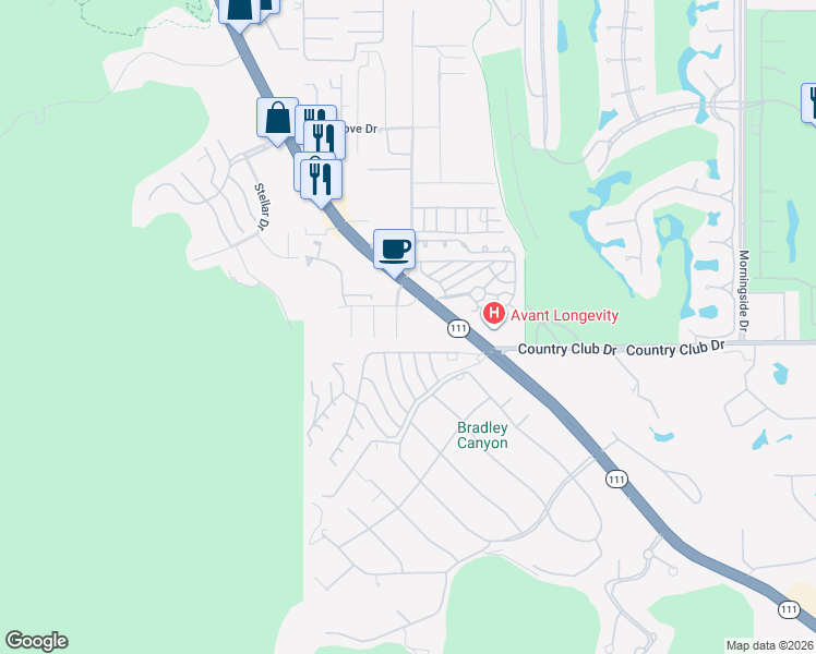 map of restaurants, bars, coffee shops, grocery stores, and more near 39910 Bird Lane in Rancho Mirage