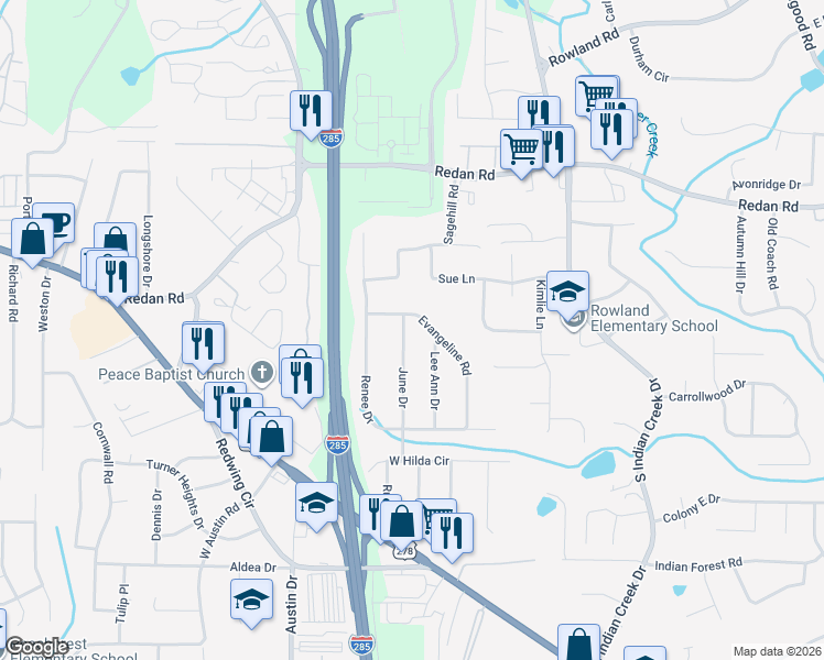 map of restaurants, bars, coffee shops, grocery stores, and more near 1178 Evangeline Road in Decatur