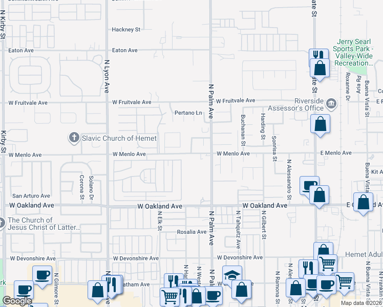 map of restaurants, bars, coffee shops, grocery stores, and more near West Menlo Avenue & Traci Street in Hemet