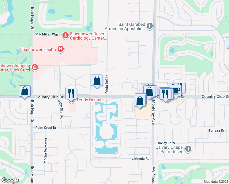 map of restaurants, bars, coffee shops, grocery stores, and more near 20 Porto Cielo Court in Rancho Mirage