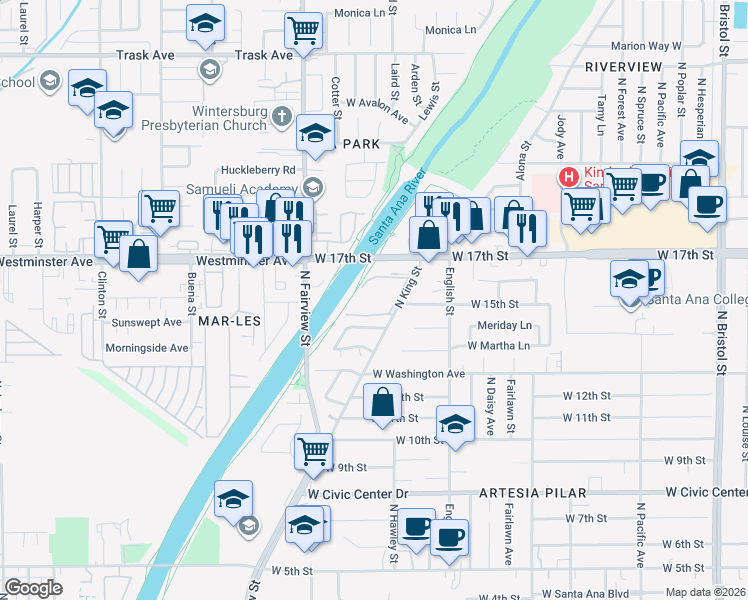 map of restaurants, bars, coffee shops, grocery stores, and more near 1806 West 17th Street in Santa Ana
