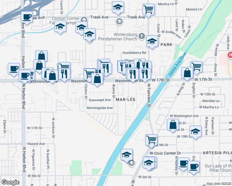 map of restaurants, bars, coffee shops, grocery stores, and more near 14052 Buena Street in Garden Grove
