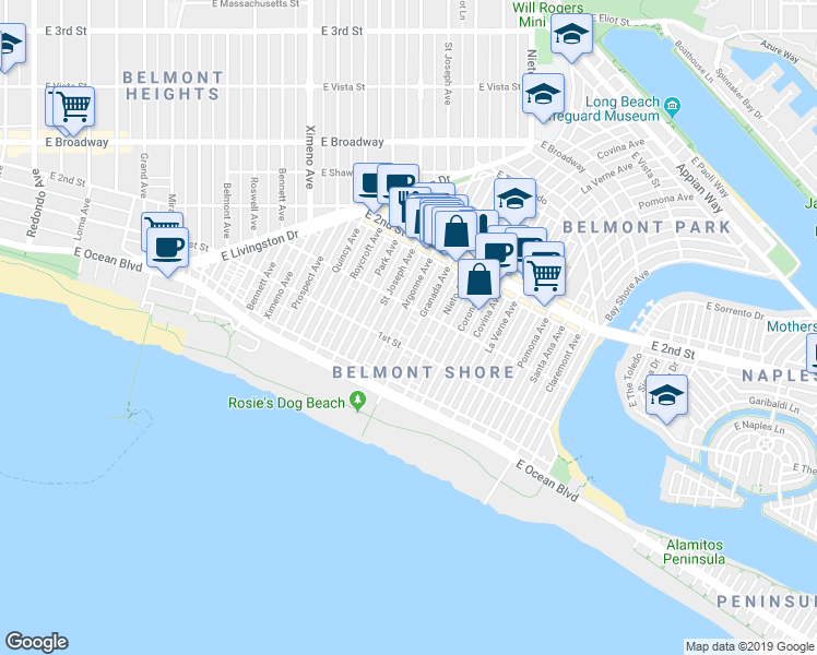 map of restaurants, bars, coffee shops, grocery stores, and more near 142 Granada Avenue in Long Beach
