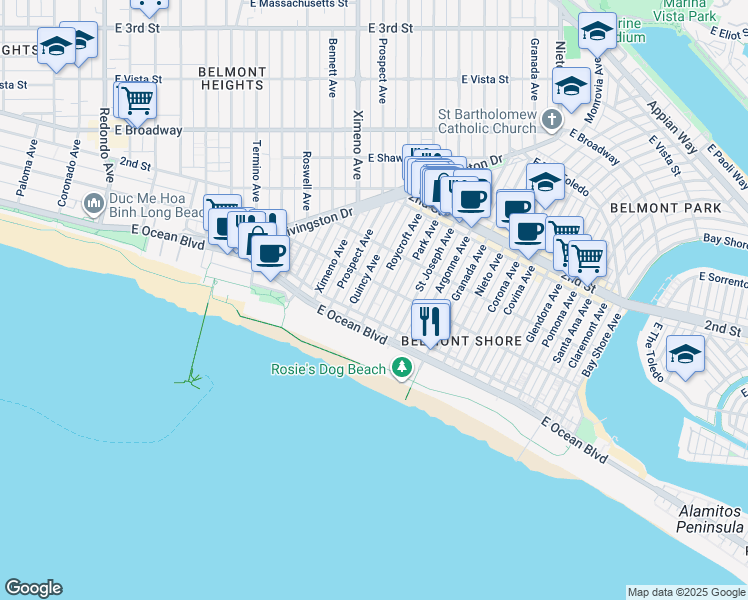map of restaurants, bars, coffee shops, grocery stores, and more near 71 Quincy Avenue in Long Beach