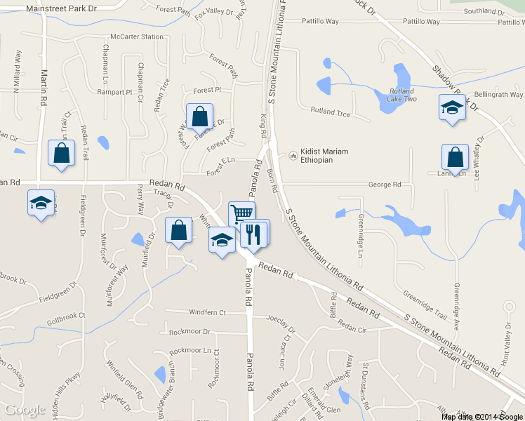 map of restaurants, bars, coffee shops, grocery stores, and more near 1182 Panola Road in Stone Mountain