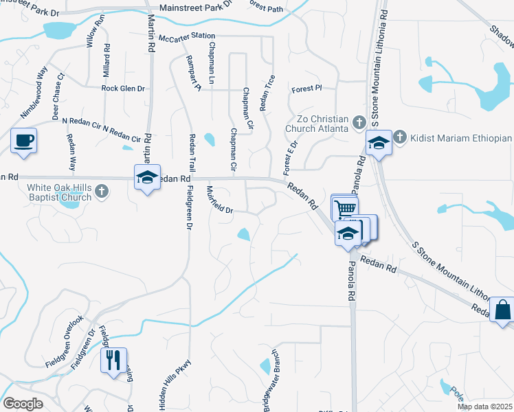 map of restaurants, bars, coffee shops, grocery stores, and more near 1185 Jocelyn Court in Stone Mountain