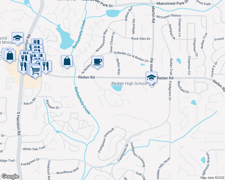 map of restaurants, bars, coffee shops, grocery stores, and more near 1244 Mill Lake Circle in Stone Mountain