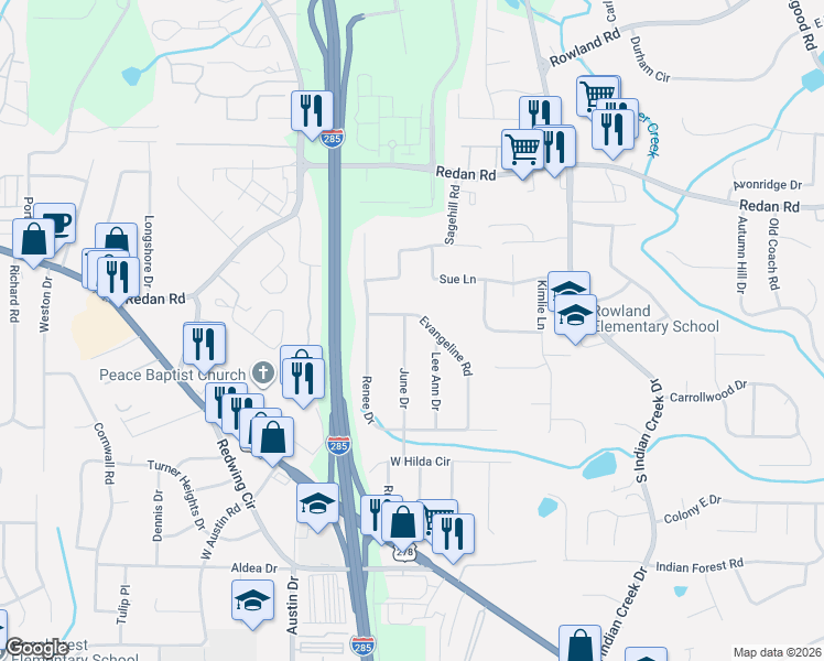 map of restaurants, bars, coffee shops, grocery stores, and more near 1178 Evangeline Road in Decatur