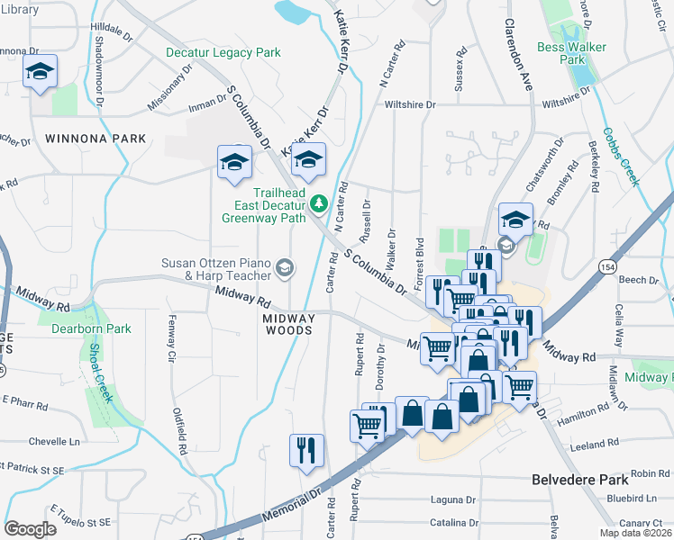 map of restaurants, bars, coffee shops, grocery stores, and more near 1221 Carter Road in Decatur