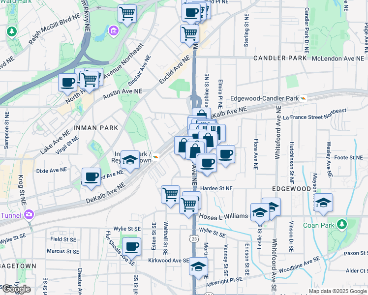 map of restaurants, bars, coffee shops, grocery stores, and more near 2005 Seaboard Avenue Northeast in Atlanta