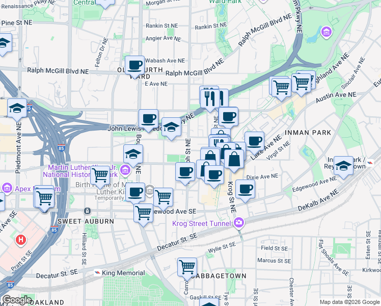 map of restaurants, bars, coffee shops, grocery stores, and more near 173 Randolph Street Northeast in Atlanta