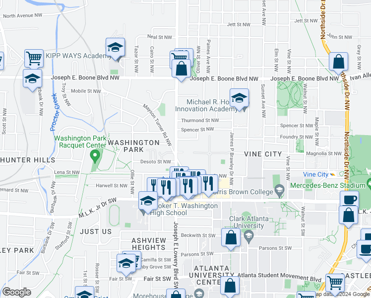 map of restaurants, bars, coffee shops, grocery stores, and more near 898 Booker Washington Drive Northwest in Atlanta