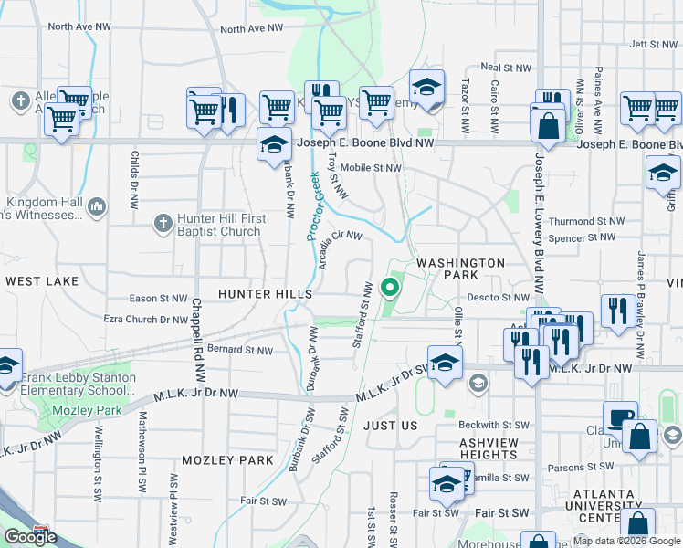 map of restaurants, bars, coffee shops, grocery stores, and more near 129 Arcadia Circle Northwest in Atlanta