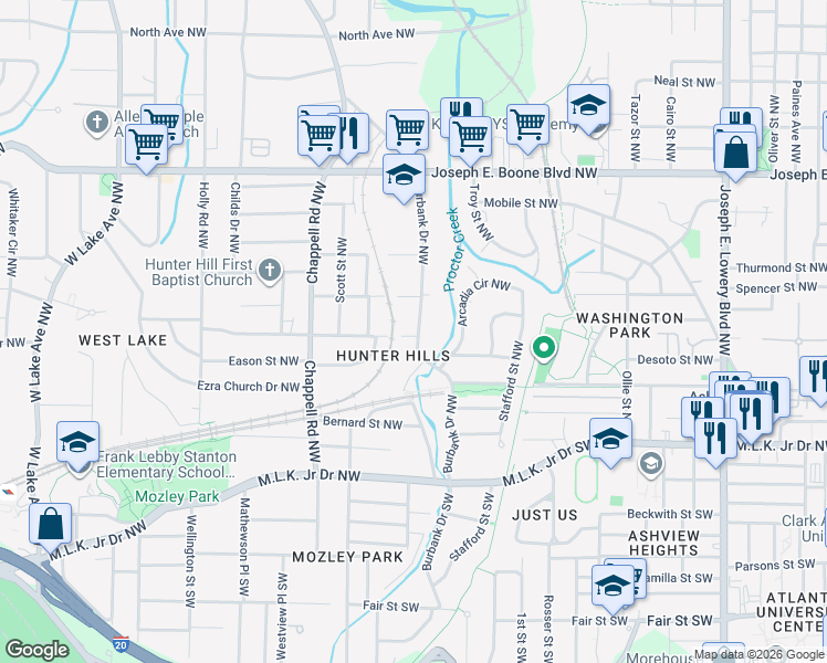 map of restaurants, bars, coffee shops, grocery stores, and more near 139 Burbank Drive Northwest in Atlanta