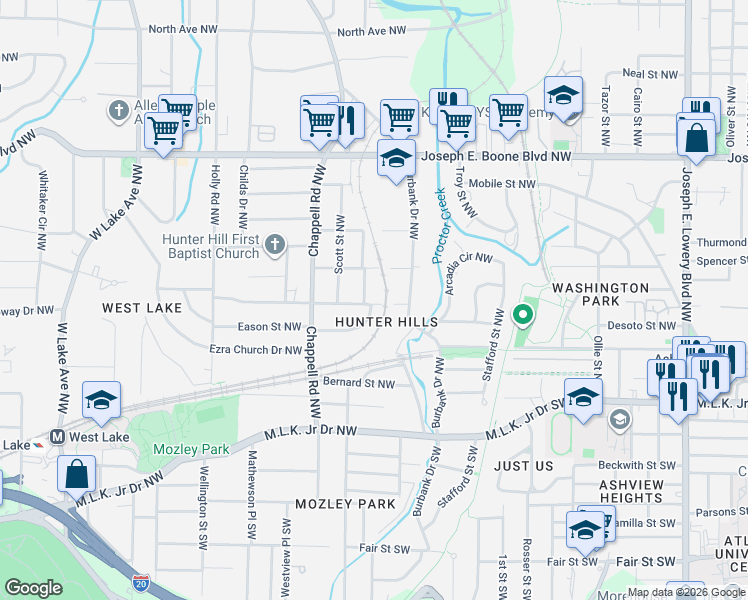 map of restaurants, bars, coffee shops, grocery stores, and more near 1292 McClure Avenue Northwest in Atlanta