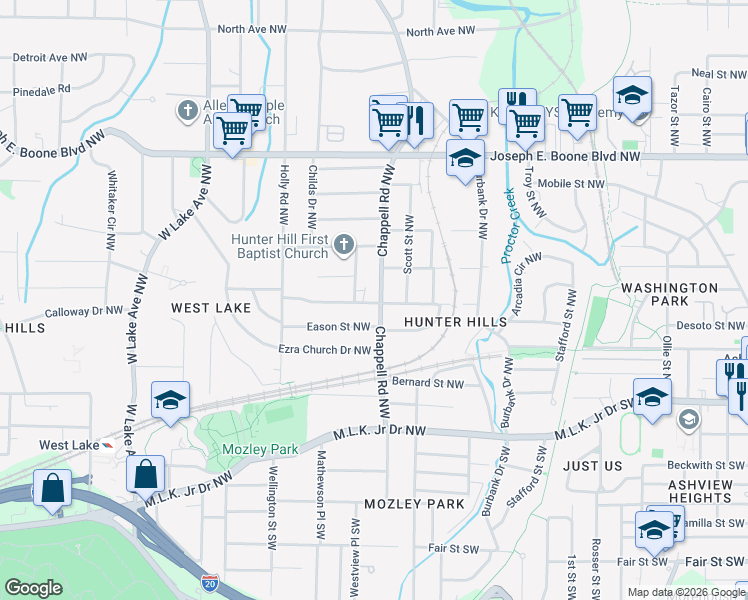 map of restaurants, bars, coffee shops, grocery stores, and more near 136 Chappell Road Northwest in Atlanta
