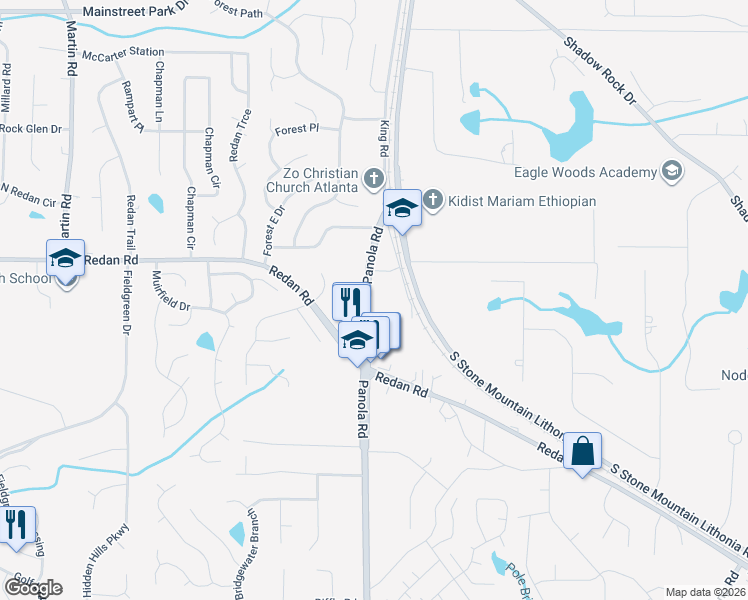 map of restaurants, bars, coffee shops, grocery stores, and more near 1200 Panola Road in Stone Mountain