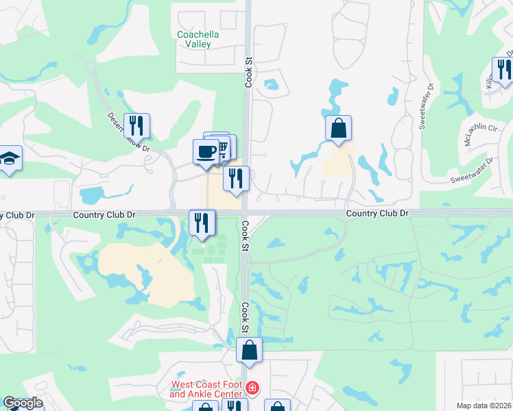 map of restaurants, bars, coffee shops, grocery stores, and more near 100 Potenza Circle in Palm Desert