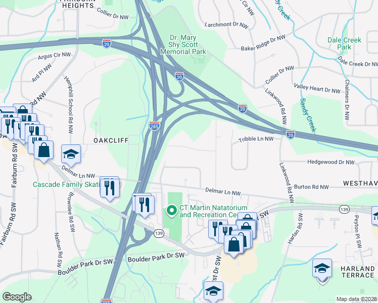 map of restaurants, bars, coffee shops, grocery stores, and more near 3155 Oakcliff Road Northwest in Atlanta