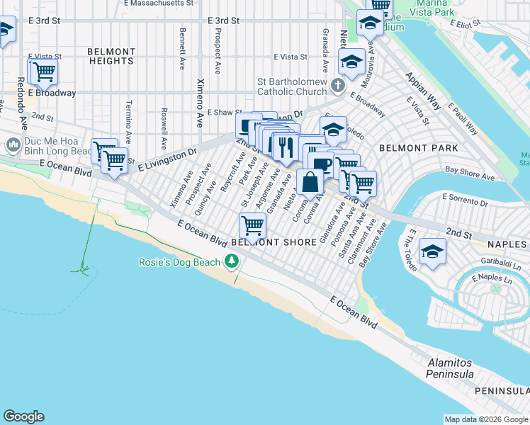 map of restaurants, bars, coffee shops, grocery stores, and more near 142 Granada Avenue in Long Beach