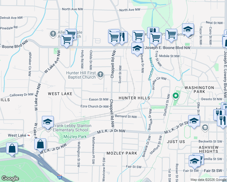 map of restaurants, bars, coffee shops, grocery stores, and more near 137 Chappell Road Northwest in Atlanta