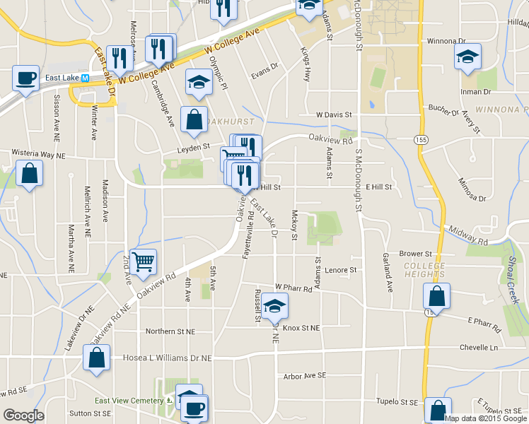 map of restaurants, bars, coffee shops, grocery stores, and more near 750 East Lake Drive in Decatur