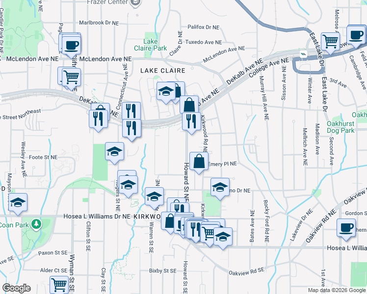 map of restaurants, bars, coffee shops, grocery stores, and more near 206 Howard Street Northeast in Atlanta