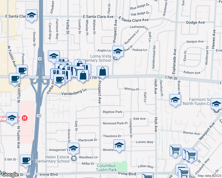 map of restaurants, bars, coffee shops, grocery stores, and more near 17852 17th Street in Tustin