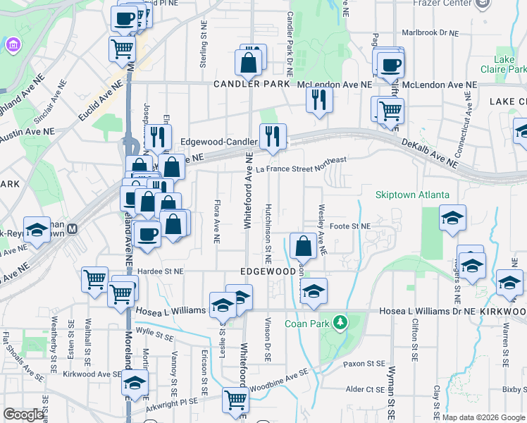 map of restaurants, bars, coffee shops, grocery stores, and more near 200 Lowry Street in Atlanta