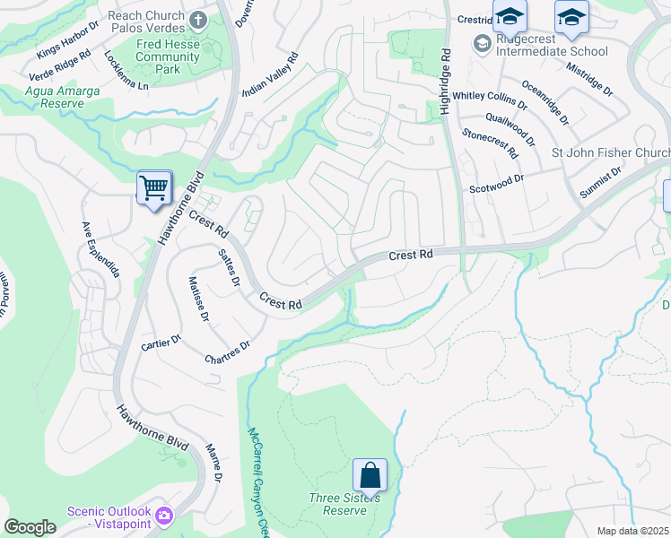 map of restaurants, bars, coffee shops, grocery stores, and more near 47 Country Meadow Road in Rolling Hills Estates