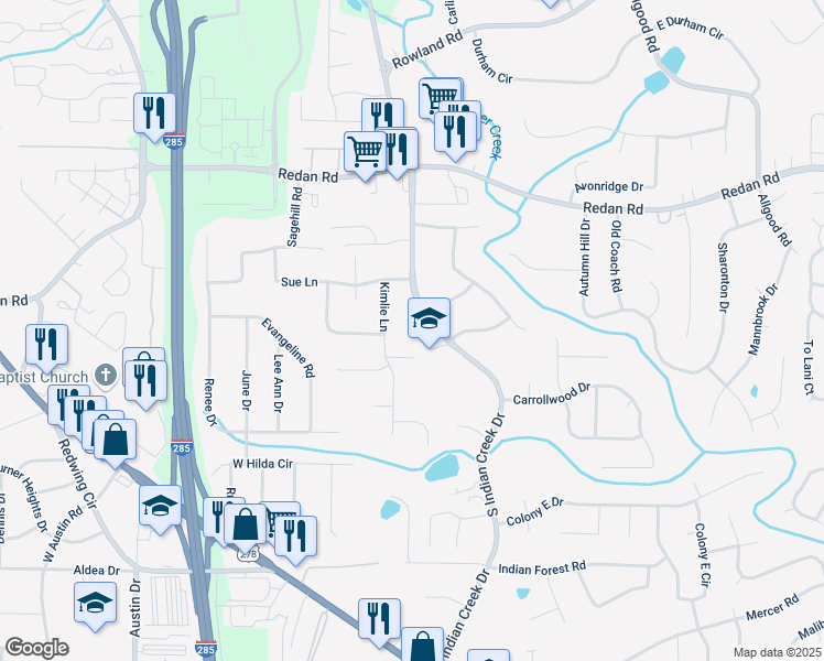 map of restaurants, bars, coffee shops, grocery stores, and more near 1317 South Indian Creek Drive in Decatur