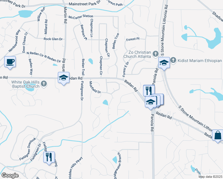 map of restaurants, bars, coffee shops, grocery stores, and more near 1185 Jocelyn Court in Stone Mountain