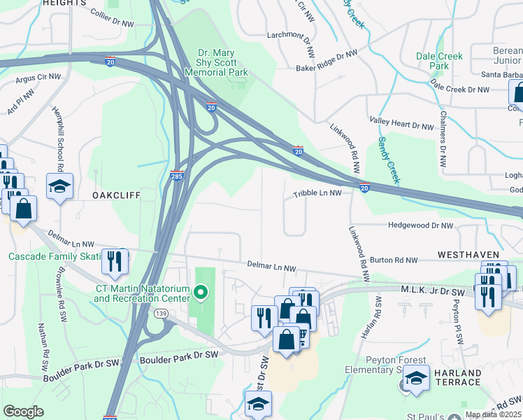 map of restaurants, bars, coffee shops, grocery stores, and more near 123 Stratford Drive Northwest in Atlanta