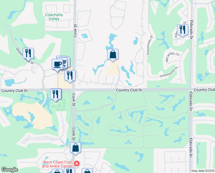 map of restaurants, bars, coffee shops, grocery stores, and more near 101 Sarona Circle in Palm Desert