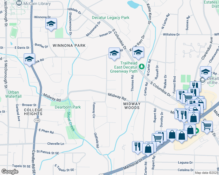 map of restaurants, bars, coffee shops, grocery stores, and more near 2667 East McKinnon Drive in Decatur