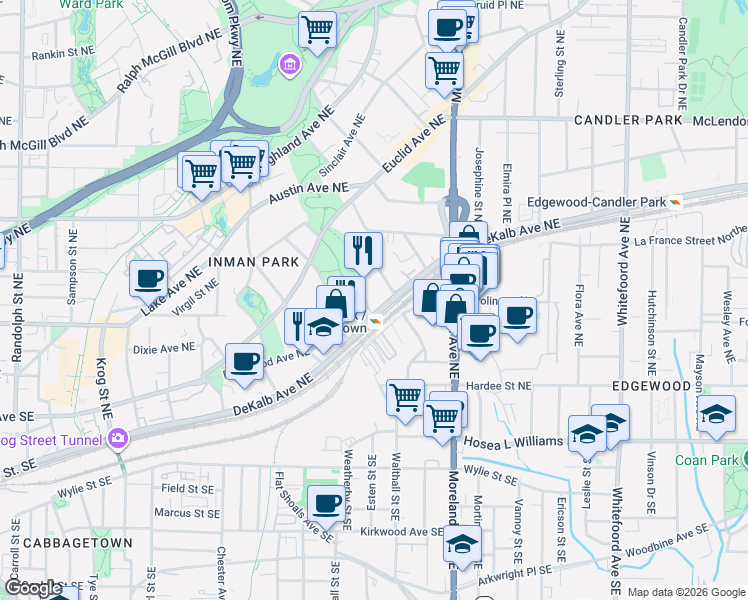 map of restaurants, bars, coffee shops, grocery stores, and more near 186 Degress Avenue Northeast in Atlanta