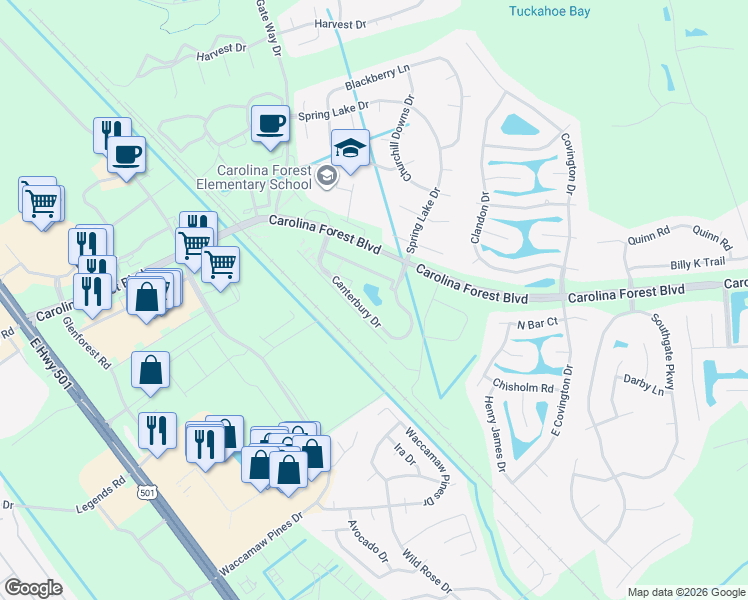 map of restaurants, bars, coffee shops, grocery stores, and more near 647 Canterbury Drive in Myrtle Beach