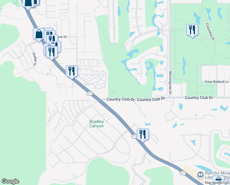 map of restaurants, bars, coffee shops, grocery stores, and more near 18 Vía Condotti in Rancho Mirage